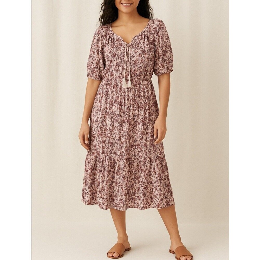 Beach Lunch Lounge Floral Dress L Tiered Midi V-Neck Boho Peasant Cottagecore